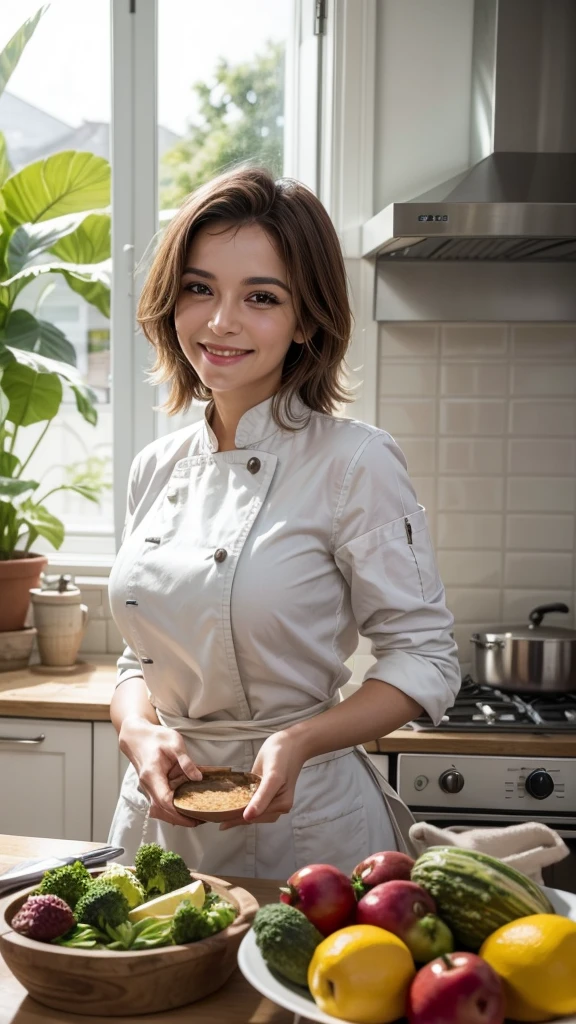 A Brazilian female chef with a smile，Very nice mood，In a bright European kitchen，There is a large window，There is also a beautiful setting of plants to cook delicious food and several healthy dishes ready on a table in plain sight.