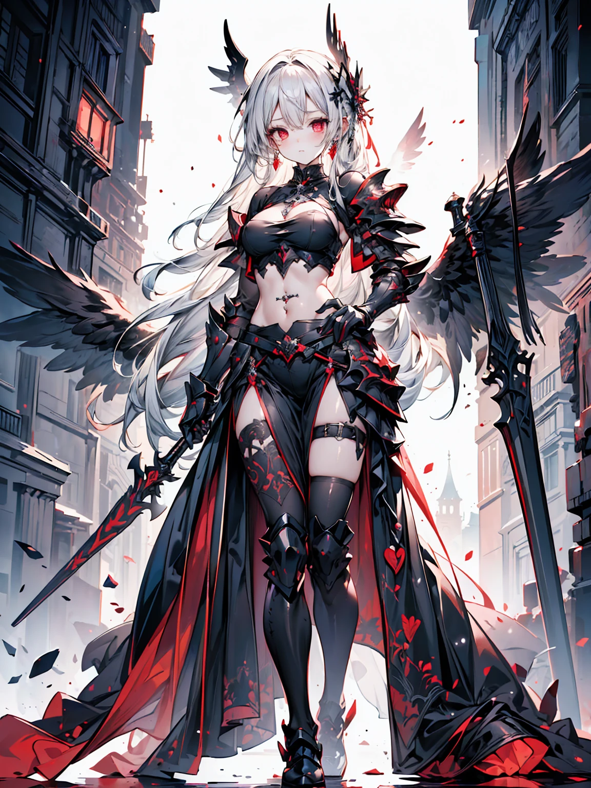 (((masterpiece, best quality, 16k)))queen power armor , (gothic style), full body view , bellybutton, The most beautiful and sexy demon goddess, long white hair, glowing red eyes, wearing detailed black gothic battle armor, black angel wings, tattoos and piercings, gothic castle, perfect masterpiece, high quality, high resolution