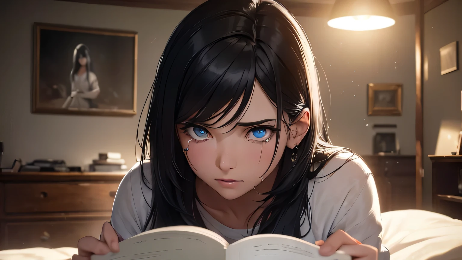 26-year-old woman with black hair and a white shirt, blue eyes crying a lot and screaming, reading a black book, next to her bed, in an old and destroyed room, dark and old, at night, face with tears in tears (better quality , 4k, 8k, high resolution, masterpiece: 1.2), ultra detailed, (realistic, photorealistic, photorealistic: 1.37), hdr, uhd, studio lighting, ultra fine painting, sharp focus, physics-based rendering, extreme detailed description , professional, vivid colors, bokeh, portrait, dramatic lighting