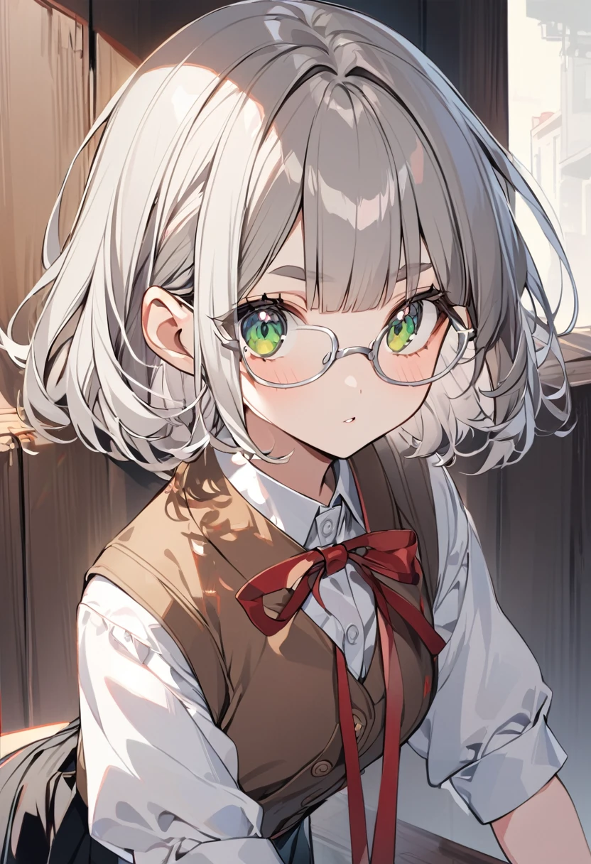 cute girl, silver medium hair, blunt bangs, short bangs above brows, silver framed glasses, wearing , (white shirt, red ribbon, light brown vest, black skirt), green eyes
