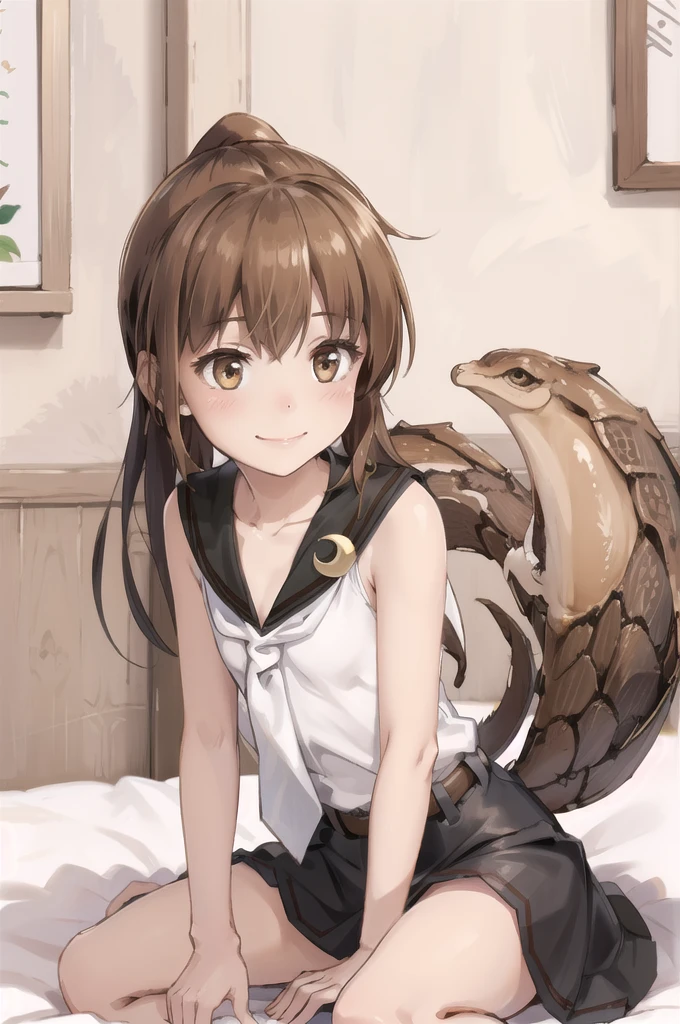 (masterpiece), (Highest quality), (Very detailed), ((Very delicate and beautiful)), One Girl, alone, July, Cowboy Shot, Black Sailor Suit, White neckerchief, Crescent Pin, (Very long hair), ponytail, smile, Flat Chest, belt, Maroon mouth, Sitting, On the bed, question mark,  indoor, Detailed Iris, young, Completely naked ,((Browsing Caution)),((Browsing Caution)), Squat