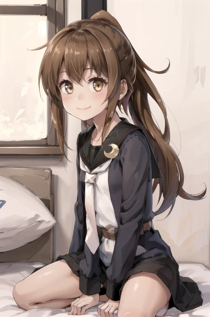 (masterpiece), (Highest quality), (Very detailed), ((Very delicate and beautiful)), One Girl, alone, July, Cowboy Shot, Black Sailor Suit, White neckerchief, Crescent Pin, (Very long hair), ponytail, smile, Flat Chest, belt, Maroon mouth, Sitting, On the bed, question mark,  indoor, Detailed Iris, young, Completely naked ,((Browsing Caution)),((Browsing Caution)), Squat