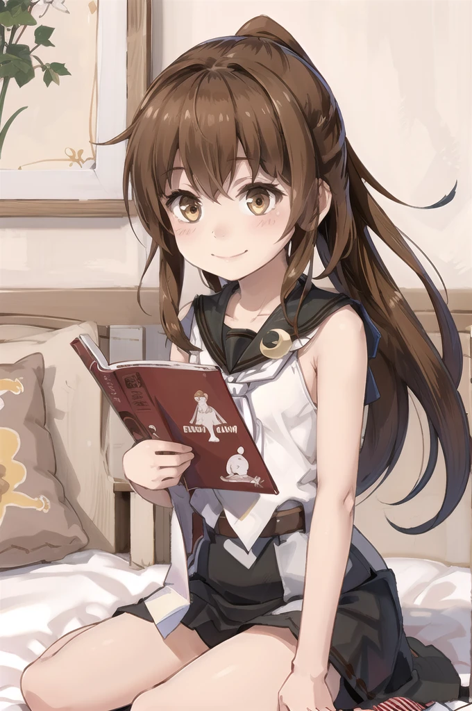 (masterpiece), (Highest quality), (Very detailed), ((Very delicate and beautiful)), One Girl, alone, July, Cowboy Shot, Black Sailor Suit, White neckerchief, Crescent Pin, (Very long hair), ponytail, smile, Flat Chest, belt, Maroon mouth, Sitting, On the bed, question mark,  indoor, Detailed Iris, young, Completely naked ,((Browsing Caution)),((Browsing Caution)), Squat