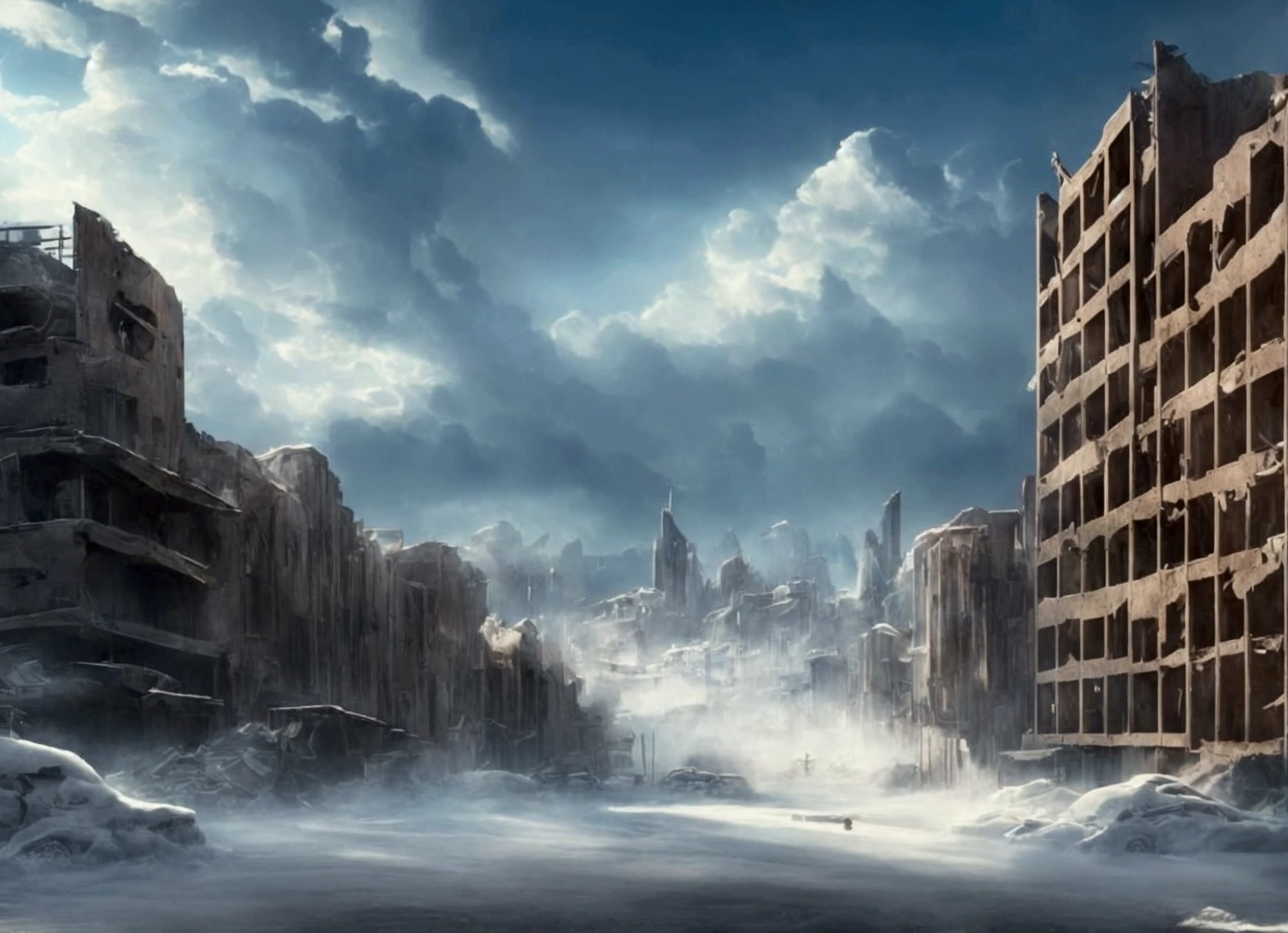 a post-apocalyptic modern city, abandoned and destroyed by a massive snowstorm, epic landscape, ominous atmosphere, snow-covered ruins, desolate urban environment, cinematic composition, moody lighting, dramatic shadows, sense of isolation, highly-detailed, photorealistic, (best quality,4k,8k,highres,masterpiece:1.2),ultra-detailed,HDR,studio lighting,extreme detail description,professional,vivid colors,cinematic composition