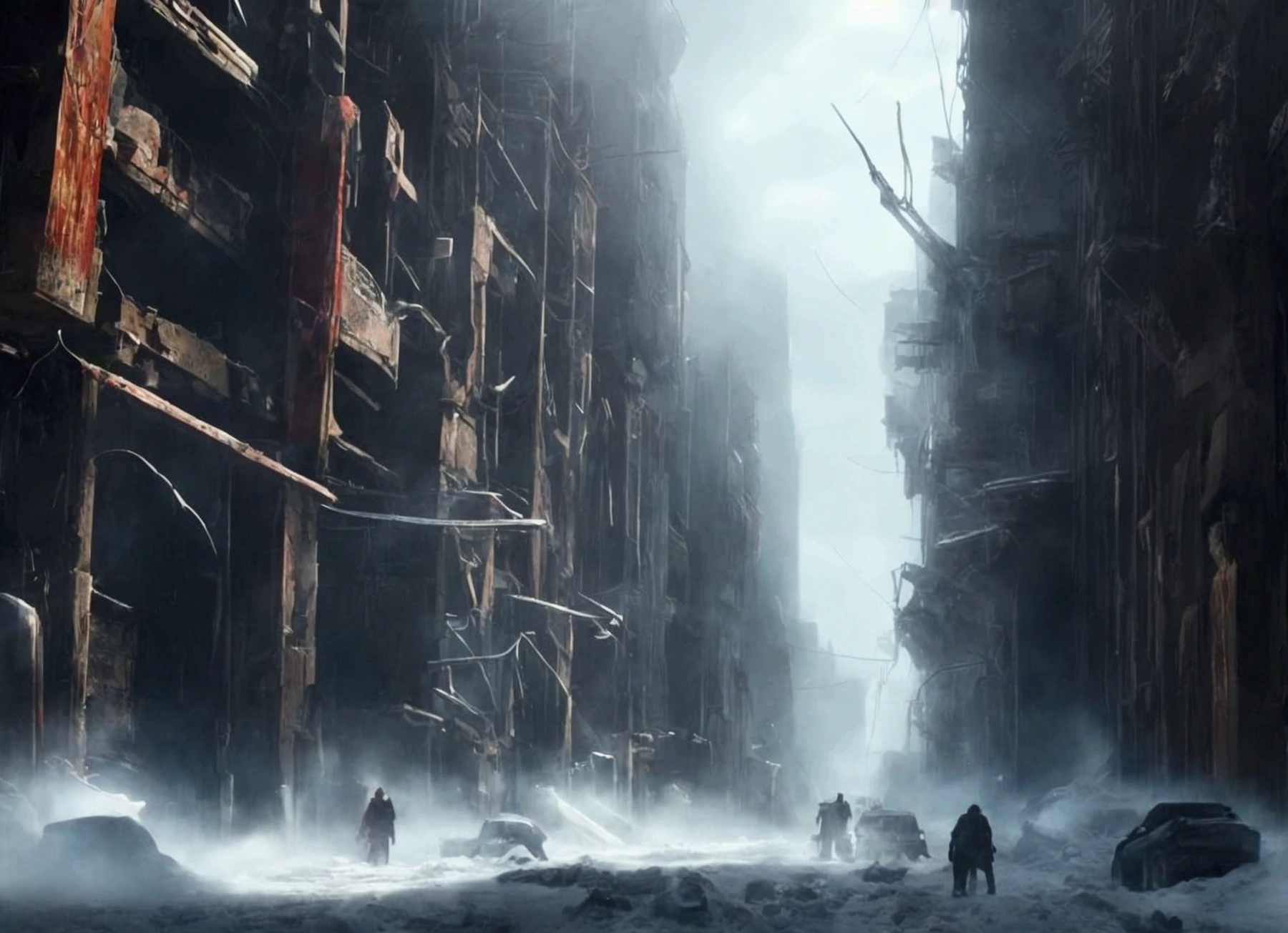 a post-apocalyptic modern city, abandoned and destroyed by a massive snowstorm, epic landscape, ominous atmosphere, snow-covered ruins, desolate urban environment, cinematic composition, moody lighting, dramatic shadows, sense of isolation, highly-detailed, photorealistic, (best quality,4k,8k,highres,masterpiece:1.2),ultra-detailed,HDR,studio lighting,extreme detail description,professional,vivid colors,cinematic composition