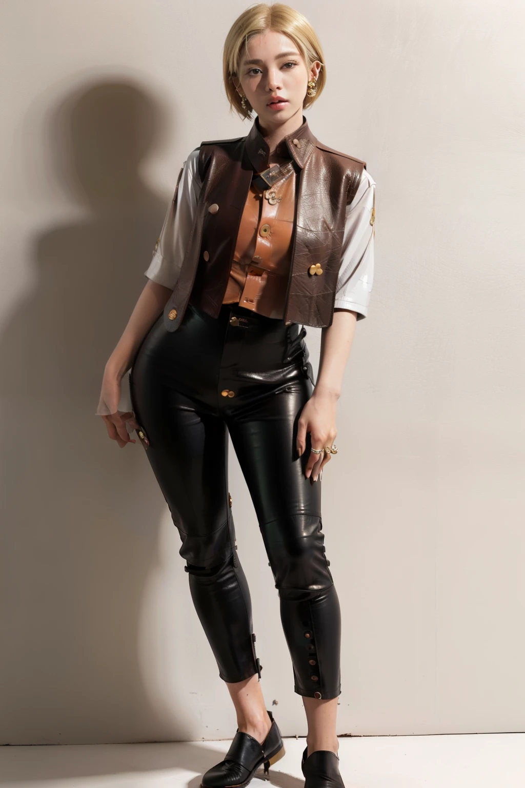 (tall:2), (RAW photo:1.2), (perfect eyes:1.2), (masterpiece:1.2), (best quality:1.2),(standing:2),(full body photo:2),(sexy pose:2),(1girl:2),(short blonde hair:2),(brown button vest:2),(beauty face:1.2),(earring:2),(long white untucked shirt:2),(simple background:2),(black tight leather pants:2),(knees together:2),