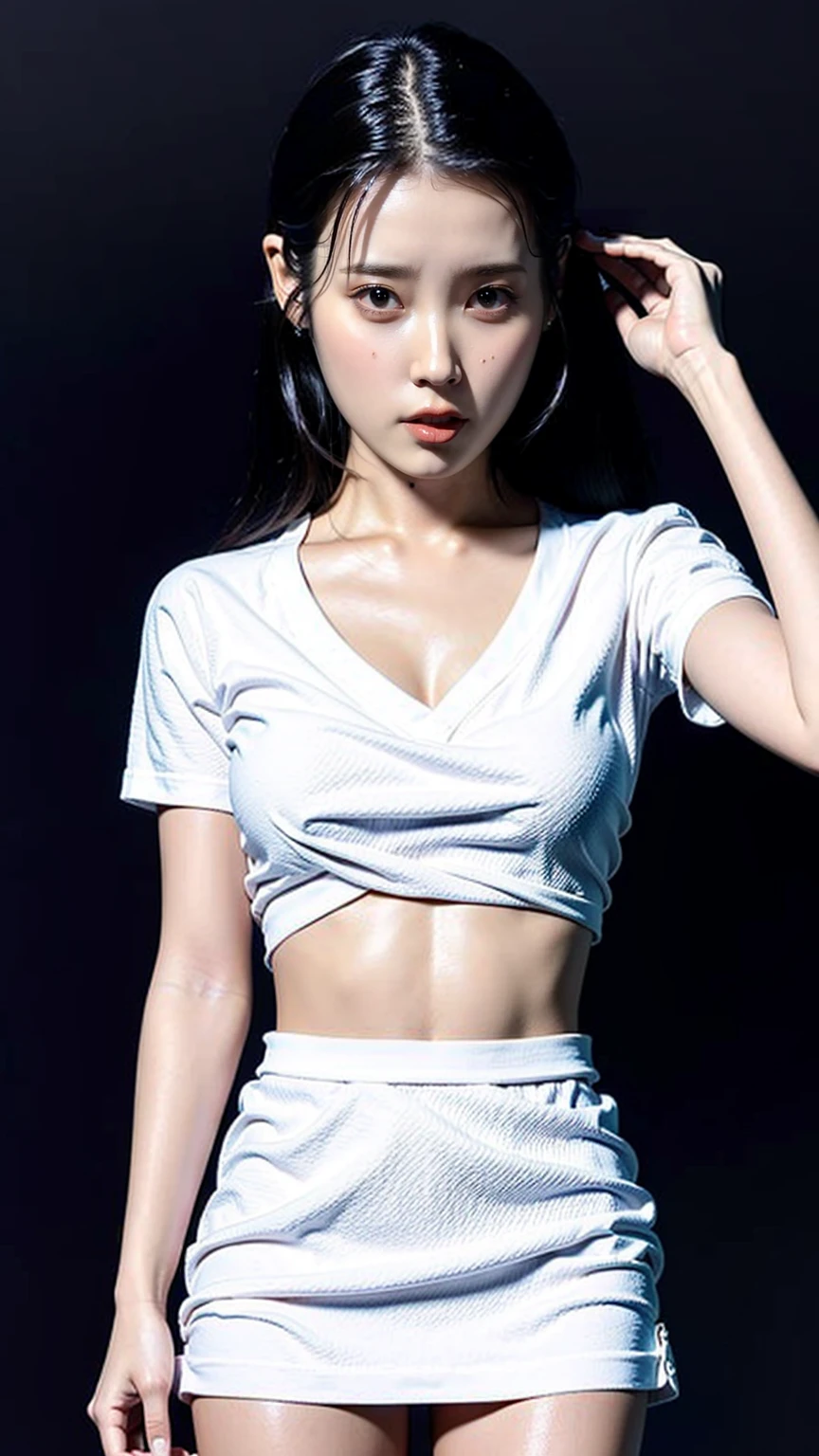 (Best quality, 8k, 32k, Masterpiece, UHD:1.2), 1girl, beautiy Japanese woman, wearing a microskirt and a white see through t-shirt