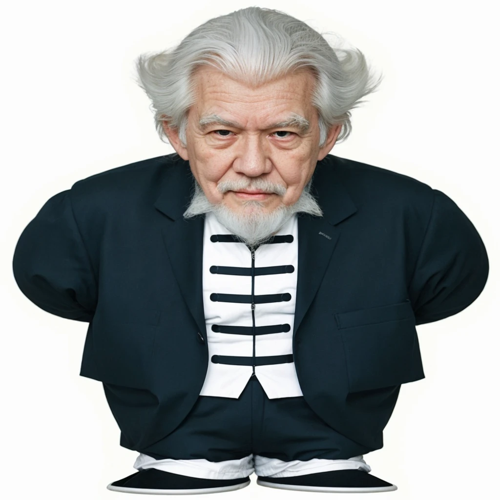 Jackie chun is an elderly man with white hair and a white beard and wears a black suit - hyperrealistic in full hd