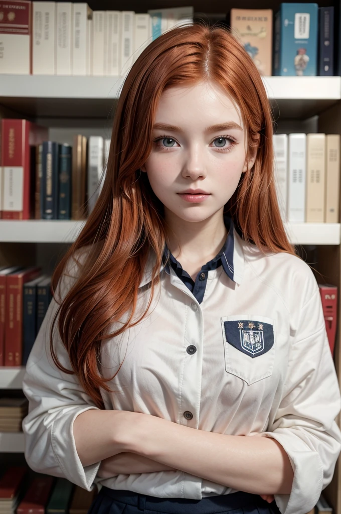 young redhead, university student, beautiful, delicate face, university uniform, books