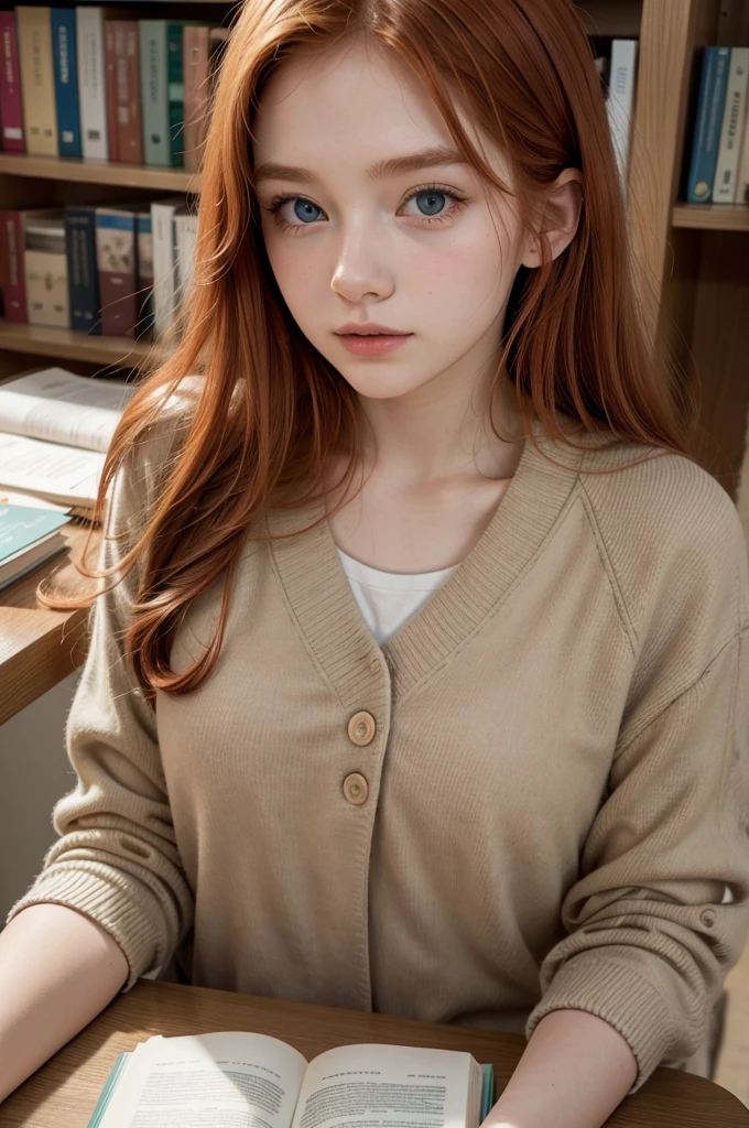 young redhead, university student, beautiful, delicate face, university uniform, books
