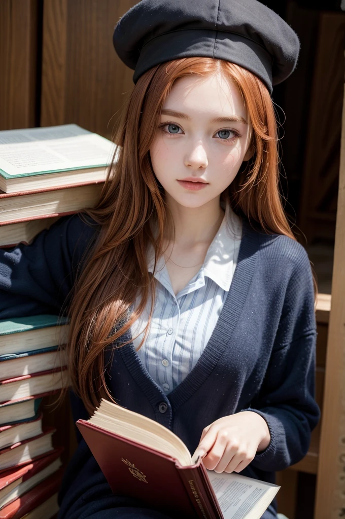 young redhead, university student, beautiful, delicate face, university uniform, books