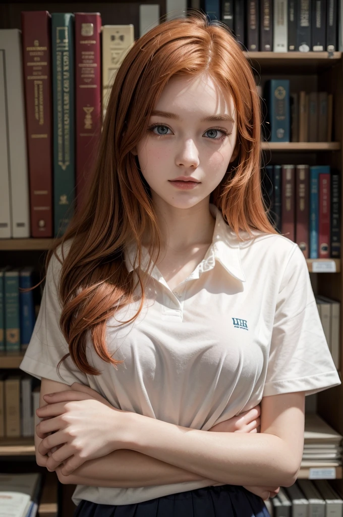 young redhead, university student, beautiful, delicate face, university uniform, books