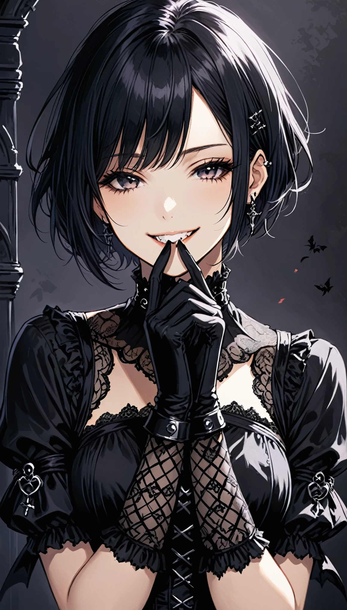 1girl，short hair，Use your mouth to adjust the wrist position of the glove，Smile，portrait，Gothic style