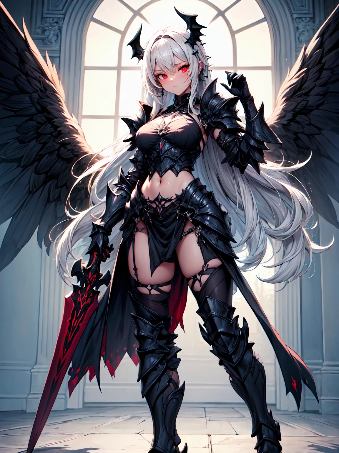 (((masterpiece, best quality, 16k)))queen power armor , (gothic style), full body view , bellybutton, The most beautiful and sexy demon goddess, long white hair, glowing red eyes, wearing detailed black gothic battle armor, black angel wings, tattoos and piercings, gothic castle, perfect masterpiece, high quality, high resolution