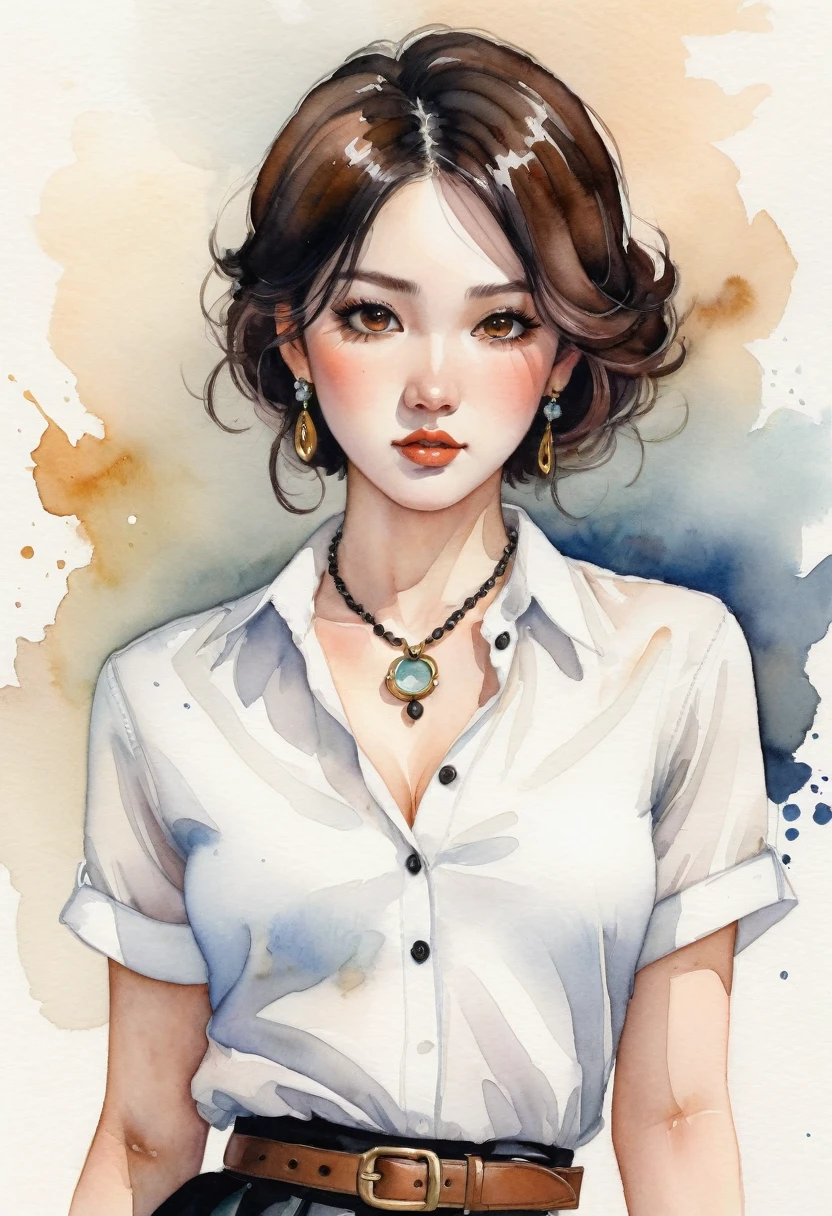 Miniature painting, watercolor style, cartoon, a detailed close-up captures a girl, her gaze directed to the upper right corner of the frame. She is dressed in a white button-down shirt, paired with a black skirt and a black belt. a chain necklace hanging around the neck adds a touch of elegance. Her hair, short and black, is styled in a bob, adding a touch of whimsy to her appearance. Her striking brown eyes are accentuated by large, round earrings, adding a touch of elegance. Her left hand, adorned with a black bracelet, rests on her hip, while her right hand is crossed in front of her chest.watercolor style, kawaii style. high quality, by Harumi Hironaka and Camilla d'Errico