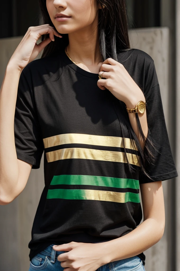 I want a black t-shirt that has a green stripe in the middle and has gold details of musical notes 