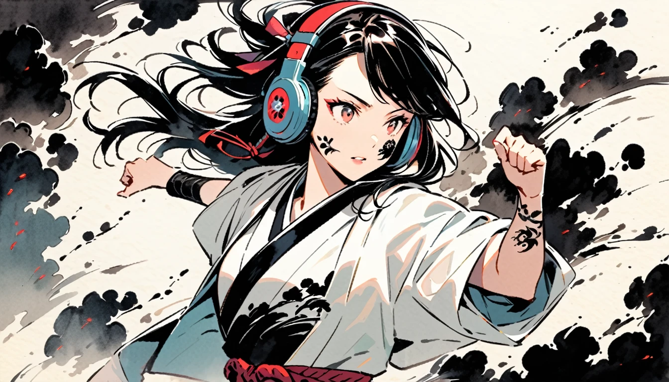 (((Ink Painting))), ((Japanese style headphones)), (((Japanese pattern tattoo on face))), Gorgeous hair accessories, Japanese Woman, Fluttering Hair, (((karate)))