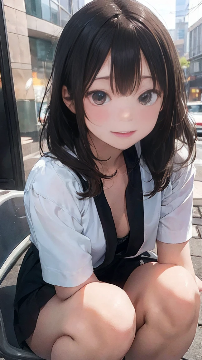 whole body, Highest quality, Realistic, Very detailed, finely, High resolution, 8k wallpaper, 1. Beautiful woman,, light brown, Shaggy hair, Wear a business suit, Sharp focus, Perfect dynamic composition, Beautiful and detailed, Thin Hair, Detailed Realistic skin texture, smile, Close-up portrait, Model body type,Cleavage、筋肉質で長くBeautiful legs、Beautiful feet、Super mini tight skirt、Sit on a chair、thin black pantyhose、I can see the toes of her high heels、Perfect Style、Perfect long legs、Beautiful legs、healthy and long legs、Poses that accentuate the legs、Perfect composition,Sexy poses showing crotch、