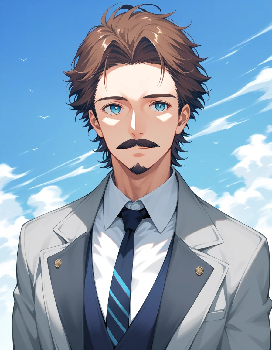 Score_9, score_8_up, score_7_up, source_anime, 1man, mature male, parted bangs, medium-short hair, brown hair, muscular male celeb, short goatee, short mustache, indigo eyes, gentleman, elegant netori male, dark iris, upperwaist, BREAK solo, white collared shirt, gray trench coat, black neck ribbon, in gentle sasaki style, visual novel, 2010s, extreme all detailed, masterpiece, best quality