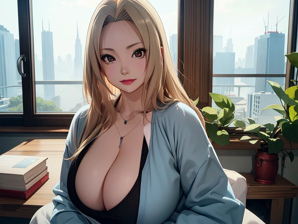 (huge tits), neckline, buena anatomia film movie still，Tsunade、Stands out、30 years、pale skin、innocent smiles、(A detailed face)、(detailed skin)、wet，The details are complex、shallow depth of field、[volume fog]、film lighting、Reflectors、a Canon EOS R5、50mm lens、f / 2.8、shot at 8k resolution、close up，Inside the room，desks，greenery,((huge tits))