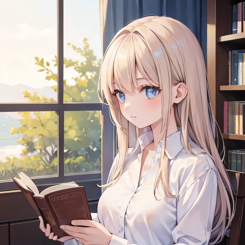 girl,close, Wearing a white shirt, Reading a book, (Highest quality:1.3), (High resolution:1), (detailed:1.3), (can't believe it:1.3), (perfection:1.3), (perfectionion:1.3), (figure:1.3), She enjoys reading it, Dynamic on the spot