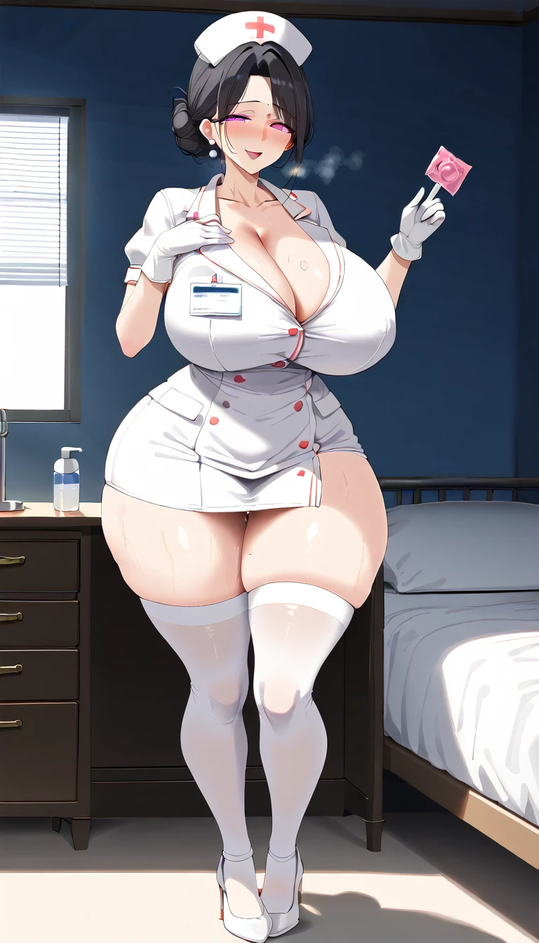 (Best quality: 1.5), (masterpiece: 1.5), (2.5D), (vivid colors), (1 character), (exaggerated proportions), (hentai), (perfect anatomy), ( character in center), (absurd), (4k wallpaper), (detailed eyes), (perfect hands), (perfect fingers), (beautiful skin), (glowing skin), (perfect shadows), (perfect lighting ), (full body), (beautiful eyes), (masterpiece), (voluptuous body), (pretty face), adult woman milf, black hair tied in a bun, purples, wears a modest and professional nurse outfit with stockings white thigh highs, she wears gloves, flirtatious and lustful expression, she has a condom in her hand, mature milf face, huge breasts, huge thighs, huge butt, voluptuous body, good proportions, she standing inside a hospital room