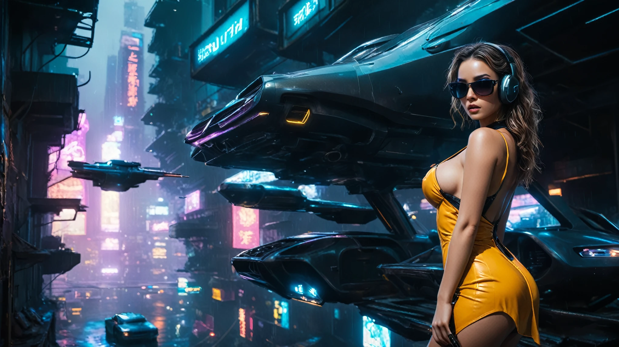 (aerial view, a flying cars docking platform, a very dark abandoned futuristic city, neon lights), rainy night. 1girl, solo, alone, large-breast:1.2 slim body, cleavage:1.1, sexy wind blowing wet dress:1.4, (headphone, black sunglasses), (((she raised:1.8 a pistol:1.8 and took aim))), dynamic pose, (((half-body thigh level medium shot))), cinematic lighting, lens flare, ray tracing.