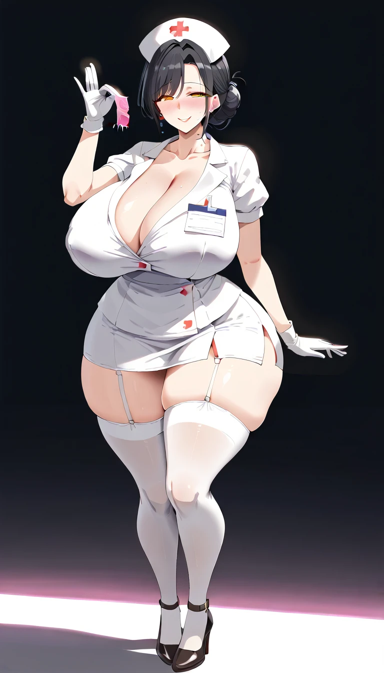 (Best quality: 1.5), (masterpiece: 1.5), (2.5D), (vivid colors), (1 character), (exaggerated proportions), (hentai), (perfect anatomy), ( character in center), (absurd), (4k wallpaper), (detailed eyes), (perfect hands), (perfect fingers), (beautiful skin), (glowing skin), (perfect shadows), (perfect lighting ), (full body), (beautiful eyes), (masterpiece), (voluptuous body), (pretty face), adult woman milf, black hair tied in a bun, purples, wears a modest and professional nurse outfit with stockings white thigh highs, she wears gloves, flirtatious and lustful expression, she has a condom in her hand, mature milf face, huge breasts, huge thighs, huge butt, voluptuous body, good proportions, she standing inside a hospital room