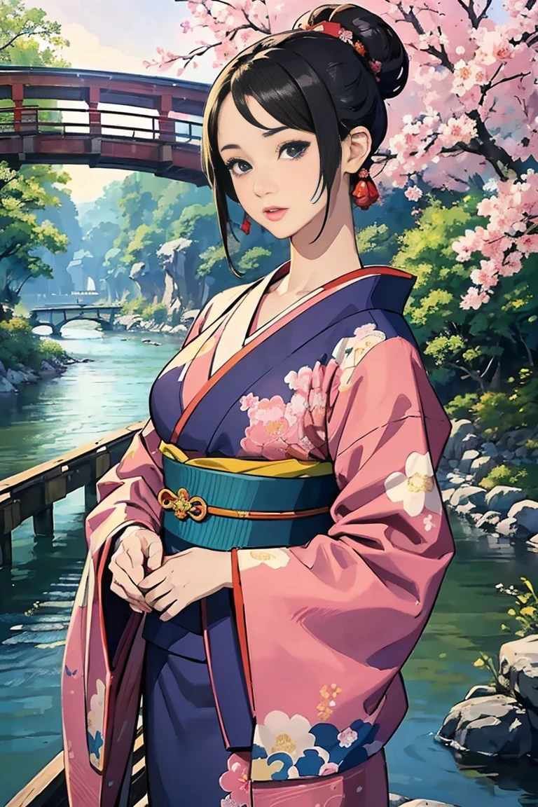 (Highest quality、 8k 、masterpiece、High resolution)、(whole body)、Vibrant colors、Brown-black bob、Traditional round topknot、Ample breasts、(Highly detailed face and eyes、Beautiful Face、Beautiful Eyes、Beautiful nose、Pretty lips)、Official Art、Japanese painting、 (Beautiful woman in kimono standing on a river bridge),(Vivid floral patterned kimono), Detailed CG、