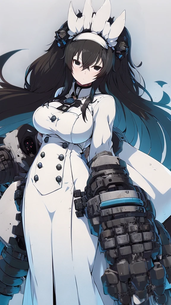 Anime, 1 girl, Fubuki, pale pure white skin, dead cold black eyes with shadows under them, fubuki's long wavy black hair tied in long twin tails decorated by a white ribbon, expressive Brown eyes, busty, military's uniform, large mechanical arms, mechanical hands, serious expression, large heavy mechanical arms,