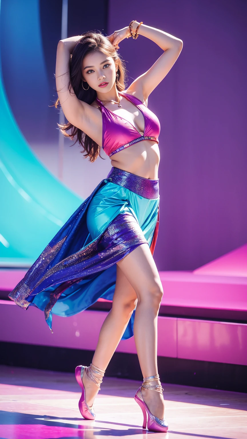 Beautiful woman ,wearing stylish fashionable Generation Z wear different colored, Colorful backgrounds, model pose,summer,(((Dance)))