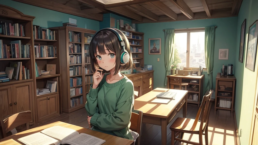"anime style illustration/manga of a young student in her cozy room. The girl, with big headphones, she is sitting at her desk, leaning over her books and notes with a thoughtful expression. Wear a comfortable sweater in green or blue tones. The room is dimly lit by a desk lamp, casting a warm amber glow over the scene. A window shows a night view of a city with distant lights. A cat sleeps curled up on the windowsill. On the desk there is an open laptop and a steaming cup of hot drink.. The wall has some posters and photos. Shelves with books and small decorative objects adorn the background. Smooth animation style with clean lines and saturated but soft colors, Reminiscent of the Ghibli studio or Lofi illustrations. Meticulous attention to details such as the texture of the books, the vapor from the drink and the reflections in the headphones. The general atmosphere is one of quiet concentration and homely comfort, with a touch of nocturnal melancholy."