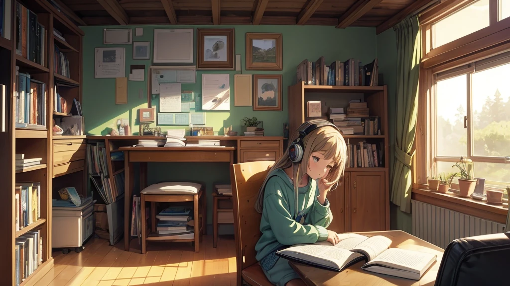 "anime style illustration/manga of a young student in her cozy room. The girl, with big headphones, she is sitting at her desk, leaning over her books and notes with a thoughtful expression. Wear a comfortable sweater in green or blue tones. The room is dimly lit by a desk lamp, casting a warm amber glow over the scene. A window shows a night view of a city with distant lights. A cat sleeps curled up on the windowsill. On the desk there is an open laptop and a steaming cup of hot drink.. The wall has some posters and photos. Shelves with books and small decorative objects adorn the background. Smooth animation style with clean lines and saturated but soft colors, Reminiscent of the Ghibli studio or Lofi illustrations. Meticulous attention to details such as the texture of the books, the vapor from the drink and the reflections in the headphones. The general atmosphere is one of quiet concentration and homely comfort, with a touch of nocturnal melancholy."