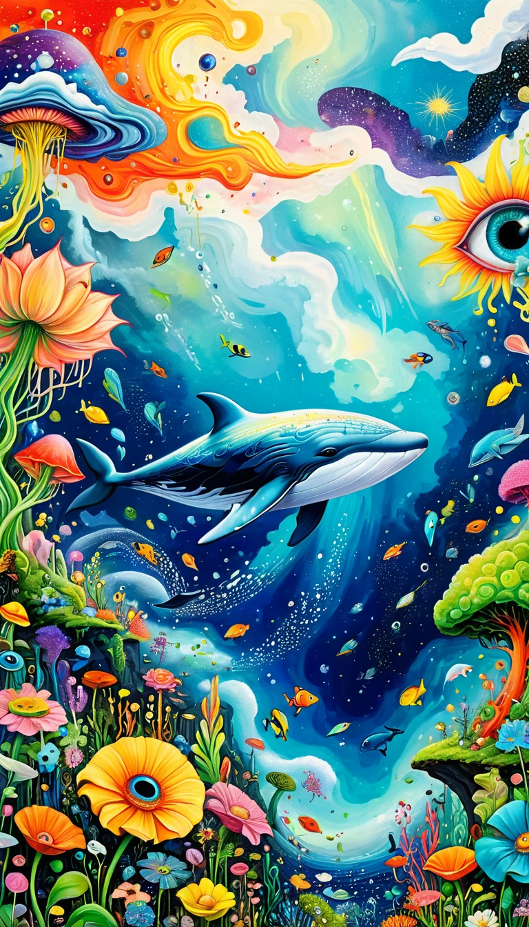 Children's graffiti,Thick coating，Concave and convex texture，Oil pastel strokes：Artists from the stars，Child，Flying Whale:1.37、Eruption Cloud、flowesh、章fish触手瀑布。、bird、(((Eye)))、diatom，Abstract mosaic painting，Describing the inner world of autistic people，Large area of white，interesting，Innocence，Vision，Psychedelic Art，

