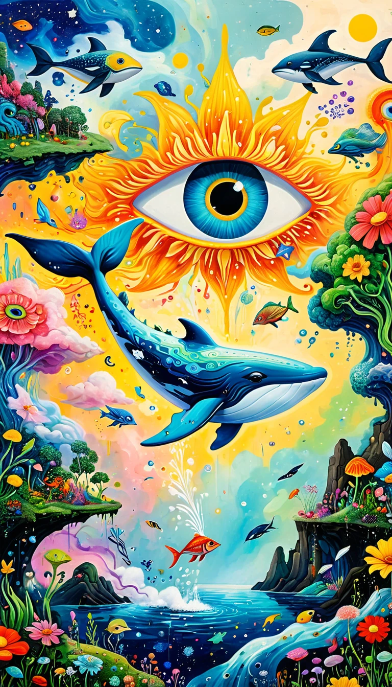 Children's graffiti,Thick coating，Concave and convex texture，Oil pastel strokes：Artists from the stars，Child，Flying Whale:1.37、Eruption Cloud、flowesh、章fish触手瀑布。、bird、(((Eye)))、diatom，Abstract mosaic painting，Describing the inner world of autistic people，Large area of white，interesting，Innocence，Vision，Psychedelic Art，
