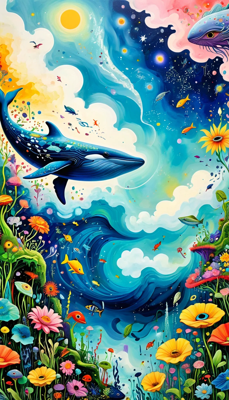 Children's graffiti,Thick coating，Concave and convex texture，Oil pastel strokes：Artists from the stars，Child，Flying Whale:1.37、Eruption Cloud、flowesh、章fish触手瀑布。、bird、(((Eye)))、diatom，Abstract mosaic painting，Describing the inner world of autistic people，Large area of white，interesting，Innocence，Vision，Psychedelic Art，
