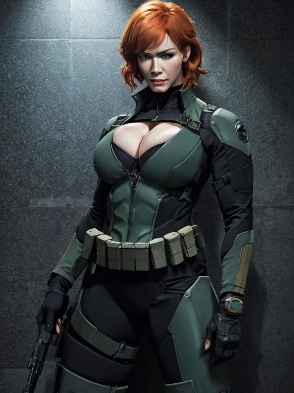 Imagine Christina Hendricks as a Metal Gear Solid character, powerful female character, short wavy orange hair and bright blue eyes, 48 years old, striking and mature facial features, agile and athletic build, (Wearing: Fingerless Gloves, skin-tight suit, black and green stealth suit, cleavage cutout, utility belt, metallic armlets, armored boots, gun holsters), The suit is so tight that Christina Hendricks breasts barely fit in it, The suit emphasizes her stealth and combat prowess. Stealthy and formidable presence of the character, hyper-realistic rendering to capture every minute detail, showcasing the mastery of digital portrait artistry, ultimate photorealistic quality, highly detailed facial expression showcasing the determination and strategy of the character,  subtle hints of high-tech and militaristic elements reflecting the true essence of the Metal Gear Solid universe, vibrant colors with deep gray’s and contrasting cool tones, creating a visually striking and captivating portrait.
