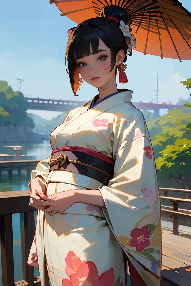 (Highest quality、 8k 、masterpiece、High resolution)、(whole body)、Vibrant colors、Brown-black bob、Traditional round topknot、Ample breasts、(Highly detailed face and eyes、Beautiful Face、Beautiful Eyes、Beautiful Nose、Pretty lips)、Detailed Art,(Art with precise detail), (A woman in a kimono standing on a bridge),(bright floral kimono), Detailed CG、