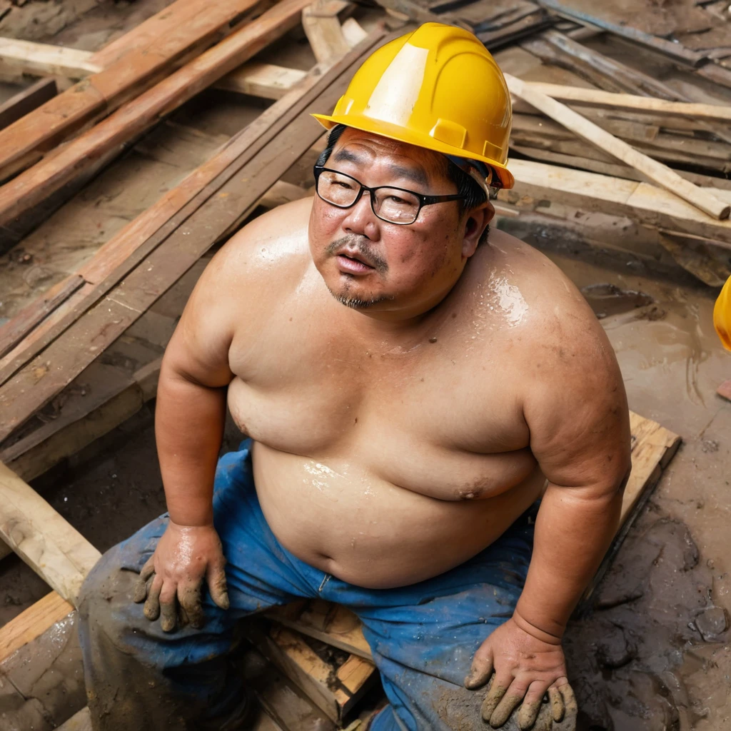 Male, Fat, Chubby, Asian, 50 years old, working in construction, Sitting, Working, Stained, Dirty, Wet, eye glasses, not wearing a shirt, Shirtless, wearing a safety hat, Top view, Look up.