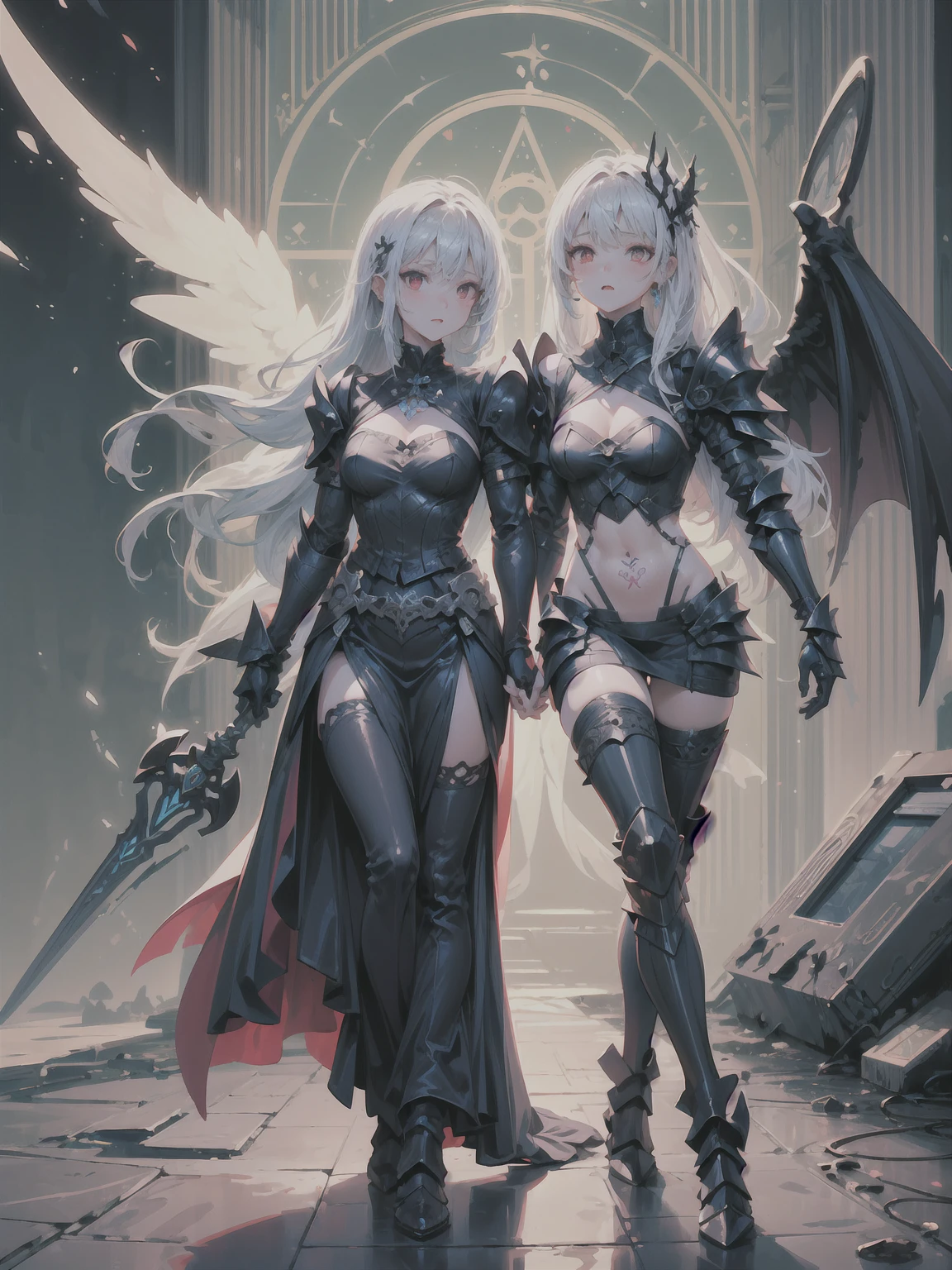 (((masterpiece, best quality, 16k)))queen power armor , (gothic style), full body view , bellybutton, The most beautiful and sexy demon goddess, long white hair, glowing red eyes, wearing detailed black gothic battle armor, black angel wings, tattoos and piercings, gothic castle, perfect masterpiece, high quality, high resolution