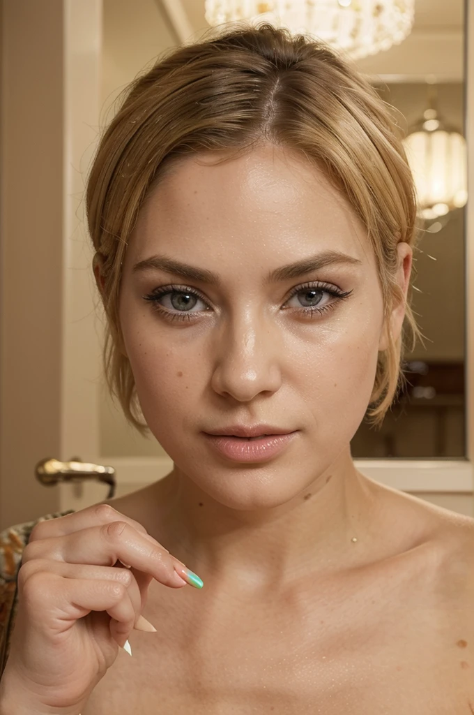 a middle-aged woman with short blonde hair, intricate detailed facial features, beautiful detailed eyes, beautiful detailed lips, extremely detailed face, long eyelashes, giving the middle finger with one hand, eating an orange with the other hand, set in a colorful, quirky wes anderson-style salon interior, pastel colors, warm lighting, photorealistic, 8k, high quality, cinematic, masterpiece