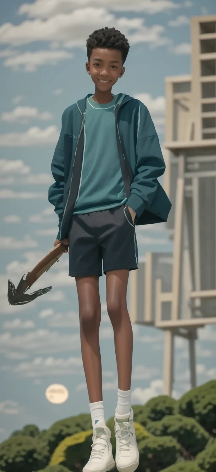  boy，Light brown skin，Blue sports shorts，Bright green top，High-top board shoes，Big round eyes，Very short hair，Tall and skinny，full-body shot，A junior high school student holding an axe，Toothy Smile，best quality