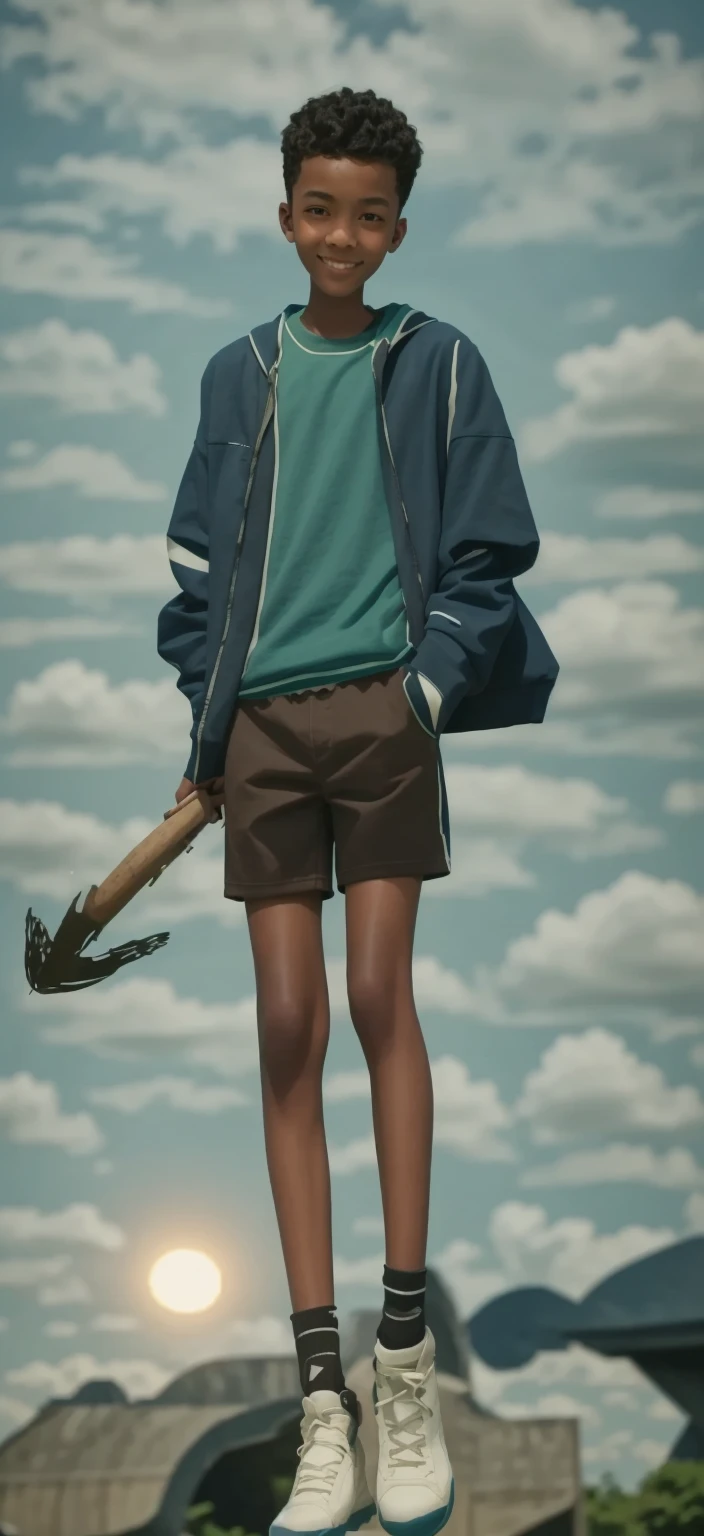 14 year old boy，Light brown skin，Blue sports shorts，Bright green top，High-top board shoes，Big round eyes，Very short hair，Tall and skinny，full-body shot，A junior high school student holding an axe，Toothy Smile，best quality