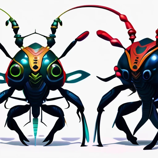 Isometric view, Dark fantasy anime style, stylized digital illustration of Humanoid bug creature, simple shape shaded,thick painting, white background