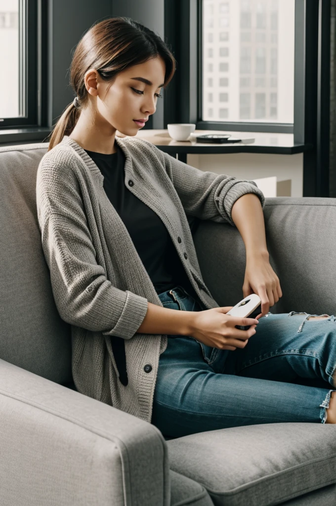 A woman with her iPhone on her sofa