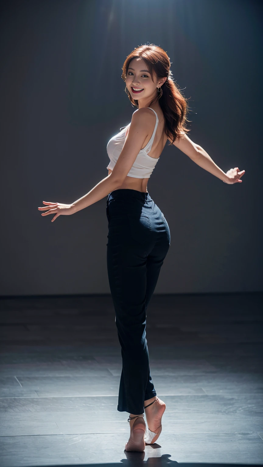 mix4, 20d, solo, long_hair, look_at_viewer, (8k, RAW photo, best quality, masterpiece:1.2), (realistic, photo-realistic:1.37), professional lighting, photon mapping, radiosity, physically-based rendering,full body portrait barefoot woman with auburn hair in updo dancing wearing sleeveless blouse and loose pants of wrinkled silk fabric with cuffed ankles, chunky sapphire earrings, shoulder tilted, slight smile, standing in relaxed pose, white studio background,leaning forward,,Open mouth and laugh out loud, Different colors, Big butt, Medium breasts, thick thighs,long legs,summer,(((Dance)))