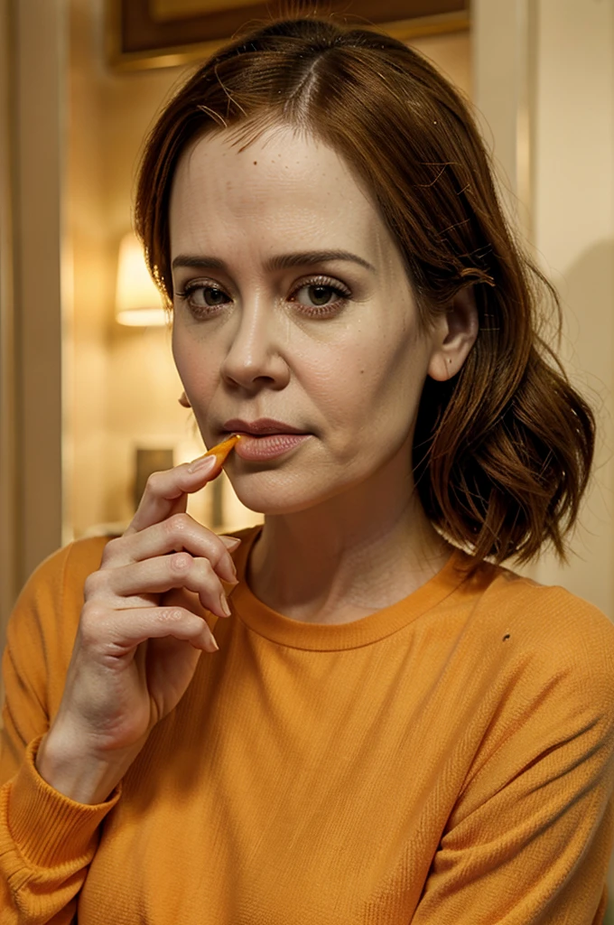 ((Sarah Paulson)) eating an orange while giving the middle finger with her other hand in a wes anderson salon 