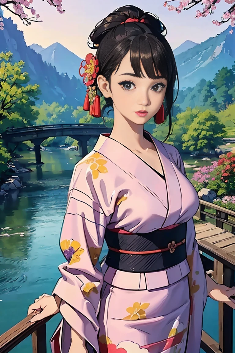(Highest quality、 8k 、masterpiece、High resolution)、(whole body)、Vibrant colors、Brown-black bob、Traditional round topknot、Ample breasts、(Highly detailed face and eyes、Beautiful Face、Beautiful Eyes、Beautiful nose、Pretty lips)、Official Art、Japanese painting、 (Beautiful woman in kimono standing on a river bridge),(Vivid floral patterned kimono), Detailed CG、