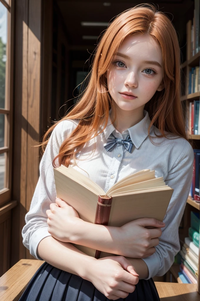 young redhead, university student, beautiful, delicate face, university uniform, books