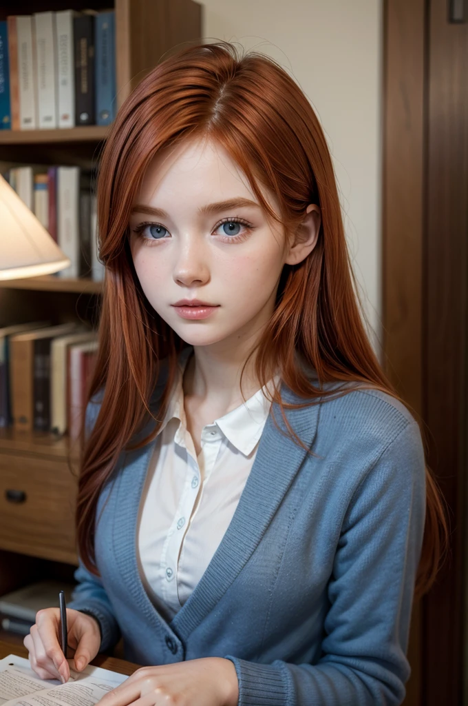 young redhead, university student, beautiful, delicate face, university uniform, books